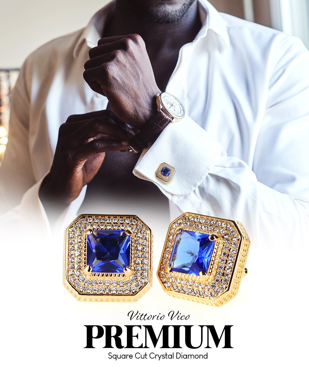 Vittorio Vico Men's Large Square Colorstone Crystal Diamond Set Cufflinks: CL71XX Series - Suits You Sir - Royal Blue and Gold - 