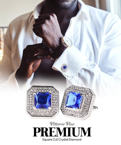 Vittorio Vico Men's Large Square Colorstone Crystal Diamond Set Cufflinks: CL71XX Series - Suits You Sir - Royal Blue and Silver - 
