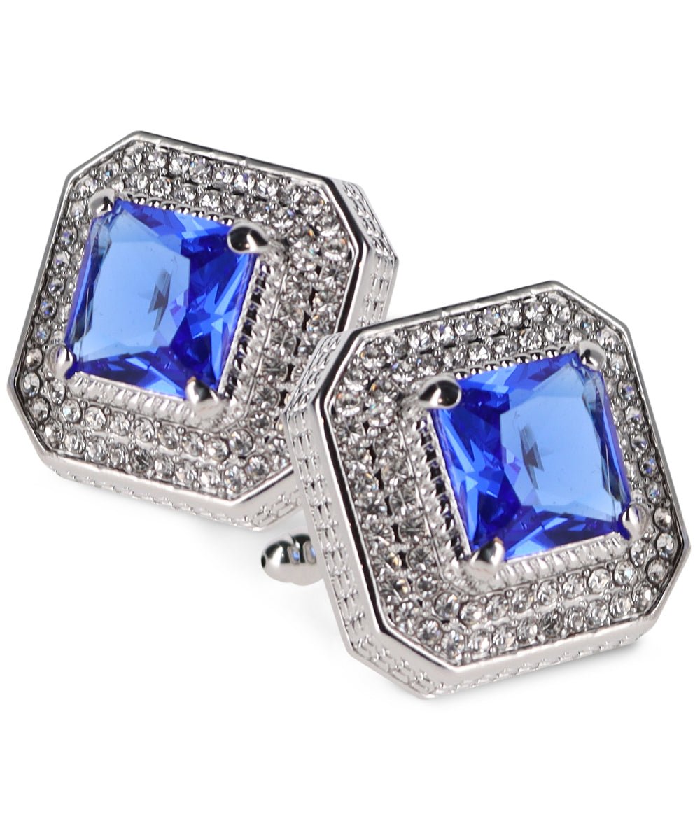 Vittorio Vico Men's Large Square Colorstone Crystal Diamond Set Cufflinks: CL71XX Series - Suits You Sir - Royal Blue and Silver - 