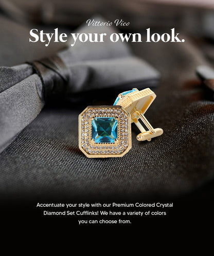 Vittorio Vico Men's Large Square Colorstone Crystal Diamond Set Cufflinks: CL71XX Series - Suits You Sir - Turquoise and Gold - 