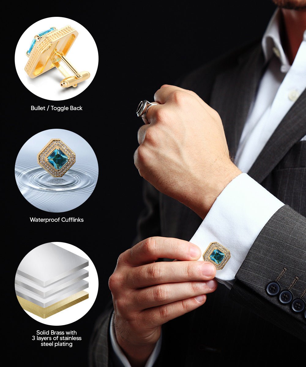 Vittorio Vico Men's Large Square Colorstone Crystal Diamond Set Cufflinks: CL71XX Series - Suits You Sir - Turquoise and Gold - 