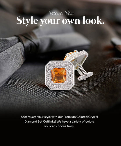 Vittorio Vico Men's Large Square Colorstone Crystal Diamond Set Cufflinks: CL71XX Series - Suits You Sir - Yellow and Silver - 