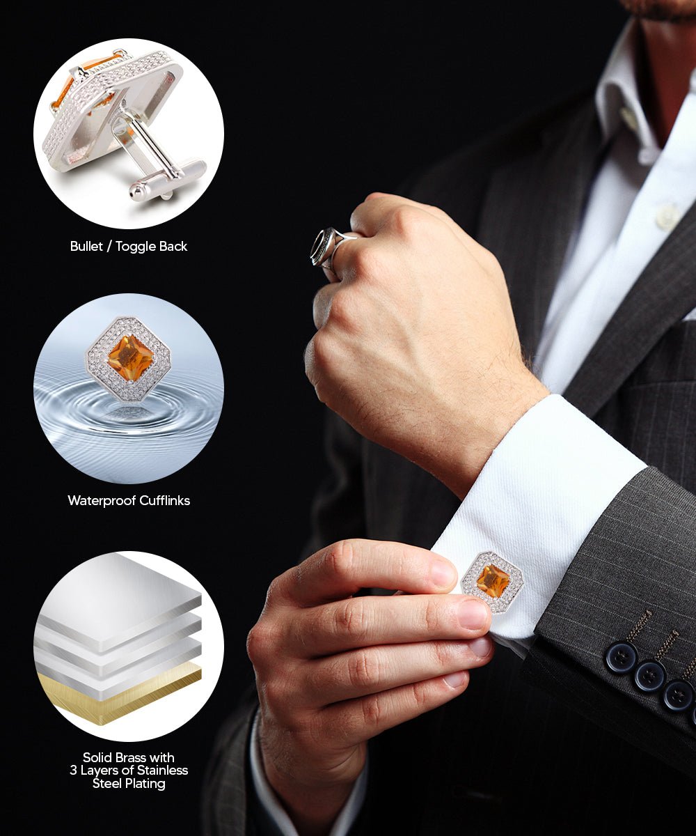 Vittorio Vico Men's Large Square Colorstone Crystal Diamond Set Cufflinks: CL71XX Series - Suits You Sir - Yellow and Silver - 