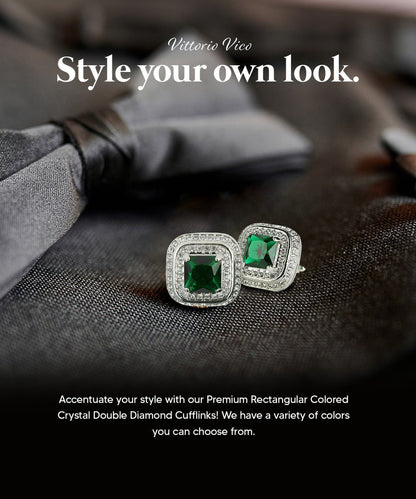 Vittorio Vico Men's Large Square Colorstone Crystal Double Diamond Set Cufflinks: CL75XX Series - Suits You Sir - Emerald Green and Silver - 