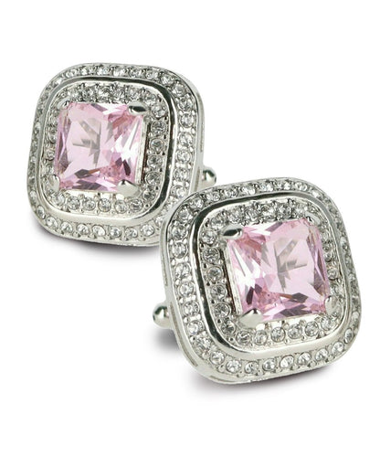 Vittorio Vico Men's Large Square Colorstone Crystal Double Diamond Set Cufflinks: CL75XX Series - Suits You Sir - Pink and Silver - 