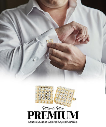 Vittorio Vico Men's Large Square Studded Colored Crystal Cufflinks: CL76XX Series - Suits You Sir - Clear and Gold - 