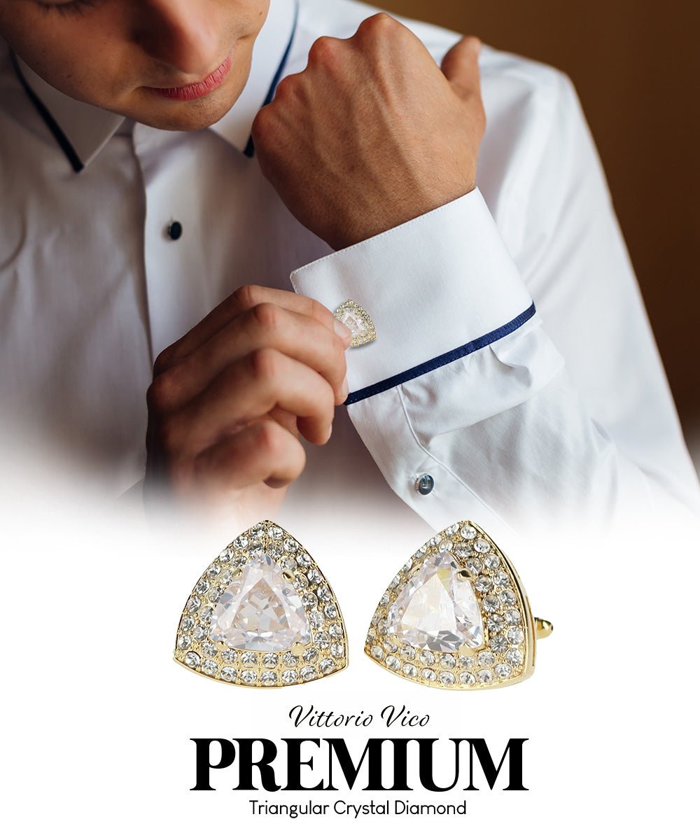Vittorio Vico Men's Large Triangular Crystal Diamond Set Cufflinks: CL72XX Series - Suits You Sir - Clear and Gold - 