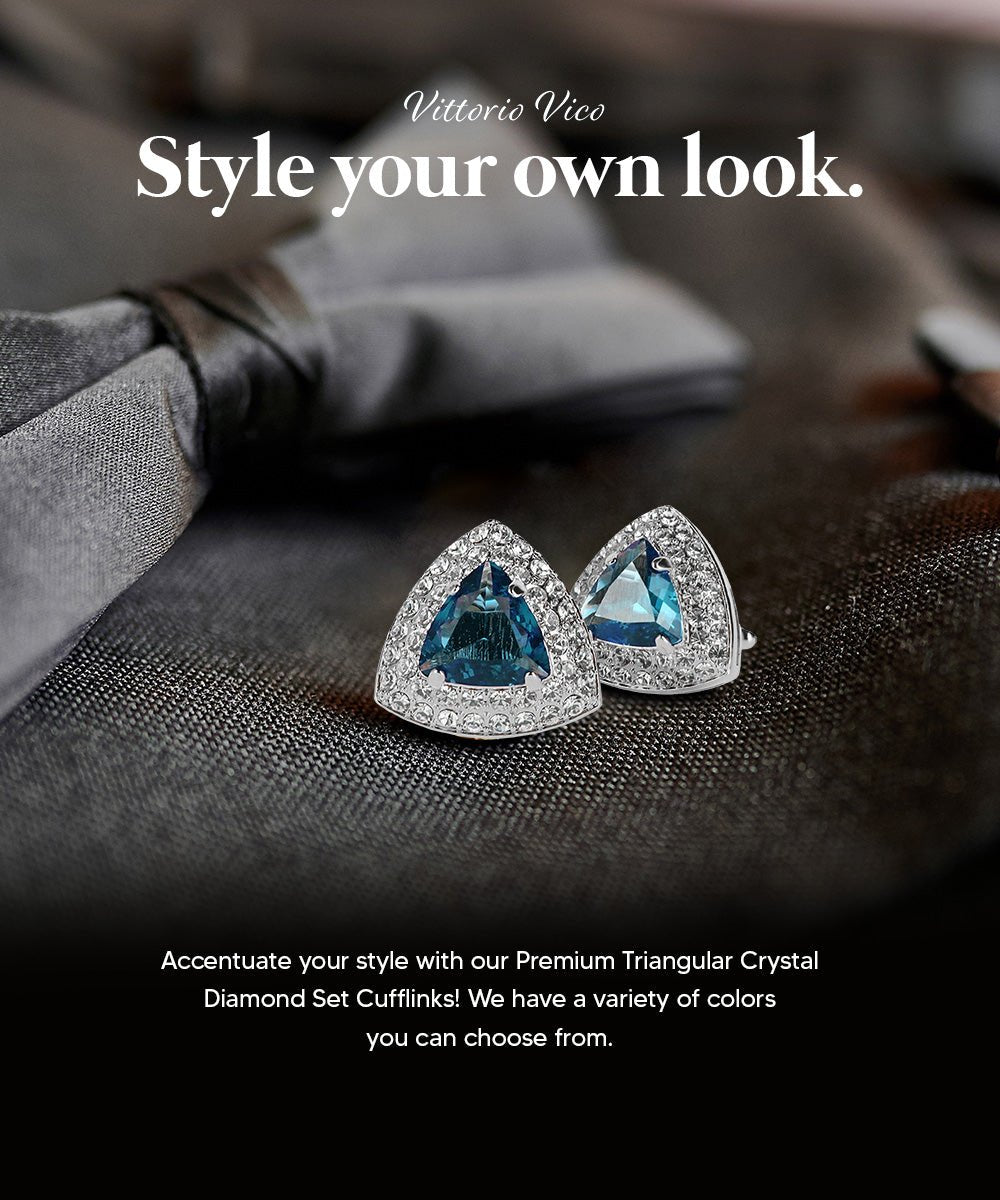 Vittorio Vico Men's Large Triangular Crystal Diamond Set Cufflinks: CL72XX Series - Suits You Sir - Navy Blule and Silver - 