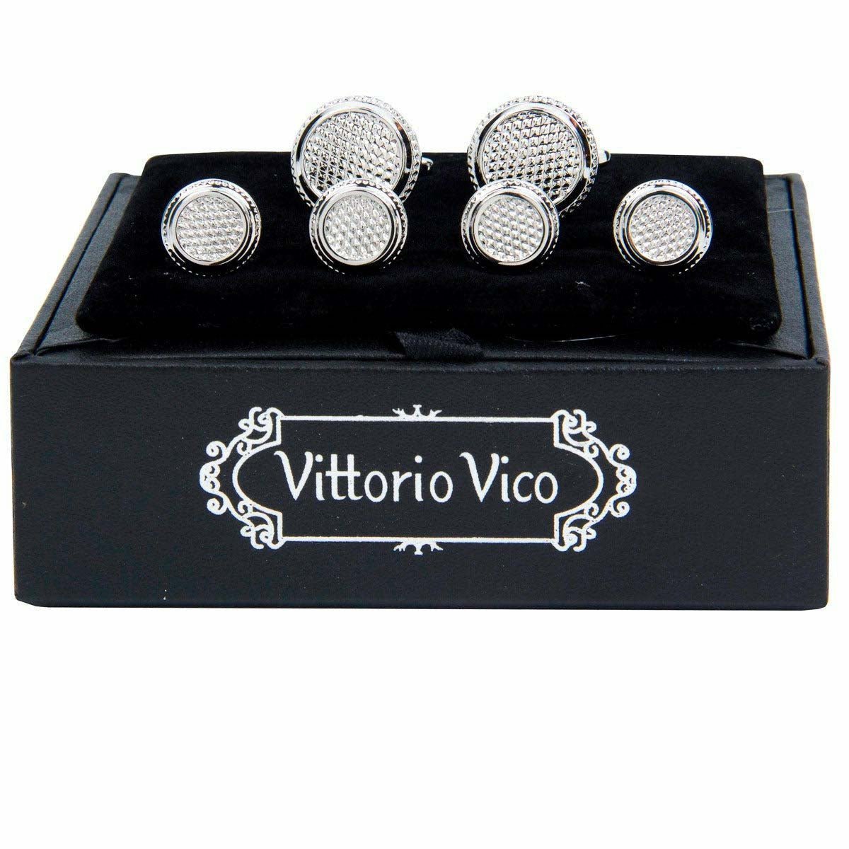 Vittorio Vico Men's Silver Cufflinks & Stud Sets in Gift Box - Suits You Sir - Silver (FS - 65) - 