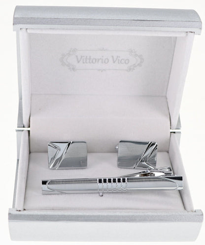 Vittorio Vico Plain Silver Cufflink & Tie Bar Set in Gift Box - Suits You Sir - CLTB 521 - 