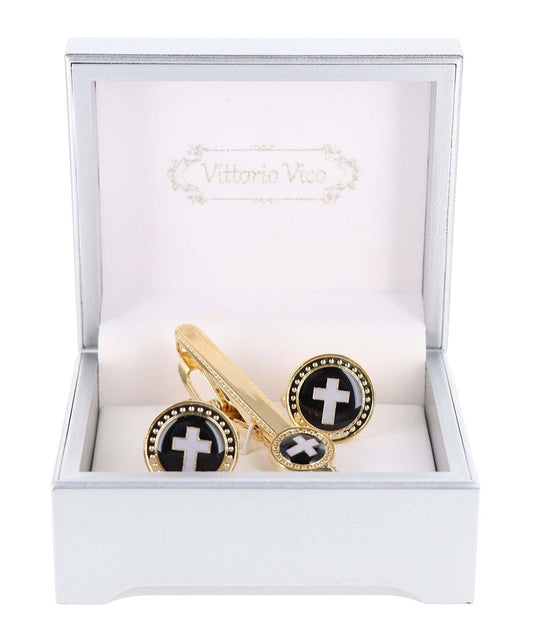 Vittorio Vico Religious Cufflink & Tie Bar Set in Gift Box - Suits You Sir - Black Cross in Red Background and Gold Setting - 