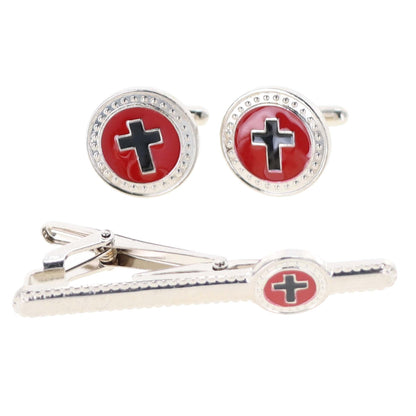 Vittorio Vico Religious Cufflink & Tie Bar Set in Gift Box - Suits You Sir - Black Cross in Red Background and Silver Setting - 