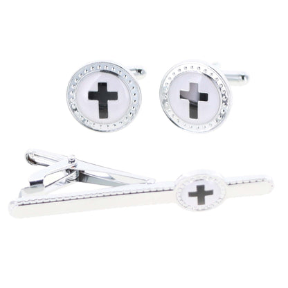 Vittorio Vico Religious Cufflink & Tie Bar Set in Gift Box - Suits You Sir - Black Cross in White Background and Silver Setting - 