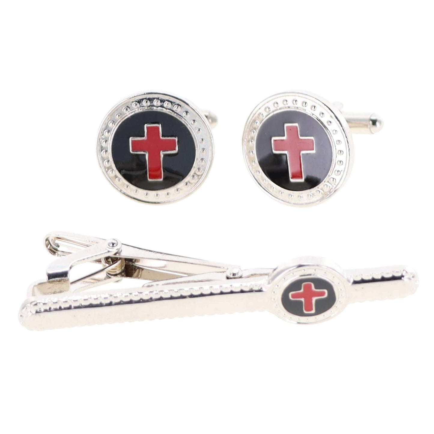 Vittorio Vico Religious Cufflink & Tie Bar Set in Gift Box - Suits You Sir - Red Cross in Black Background and Silver Setting - 