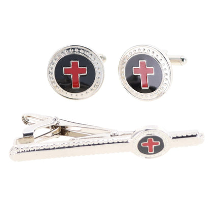 Vittorio Vico Religious Cufflink & Tie Bar Set in Gift Box - Suits You Sir - Red Cross in Black Background and Silver Setting - 