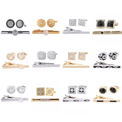 Vittorio Vico Rhinestone Cufflinks & Tie Bar Set in Gift Box - 12 Pack - Gold & Silver