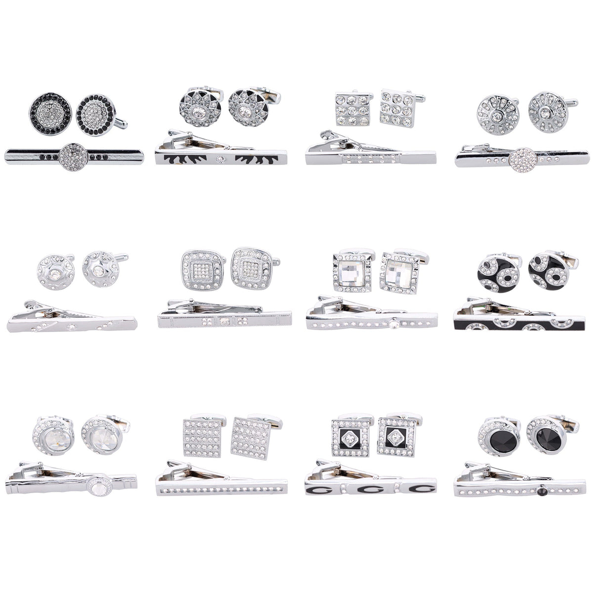 Vittorio Vico Rhinestone Cufflinks & Tie Bar Set in Gift Box - 12 Pack - Silver