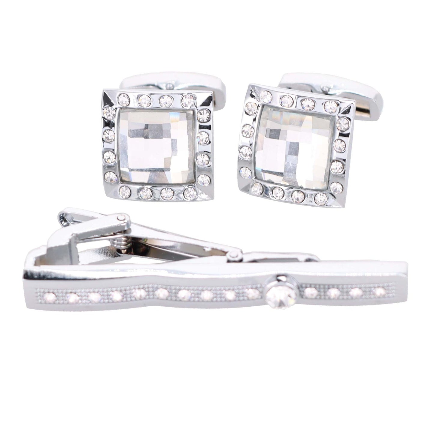 Vittorio Vico Silver Rhinestone Cufflink & Tie Bar Set in Gift Box - Suits You Sir - CR - 039 - 
