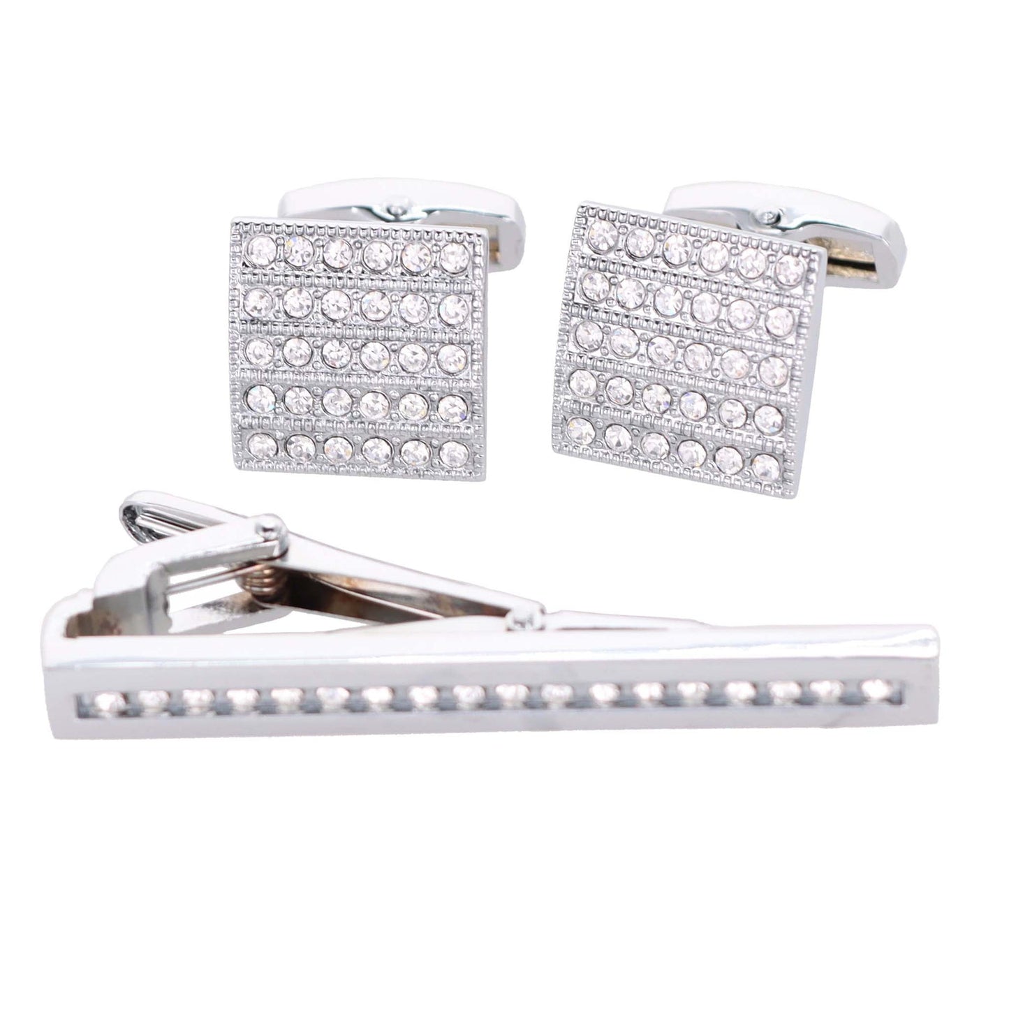 Vittorio Vico Silver Rhinestone Cufflink & Tie Bar Set in Gift Box - Suits You Sir - CR - 049 - 