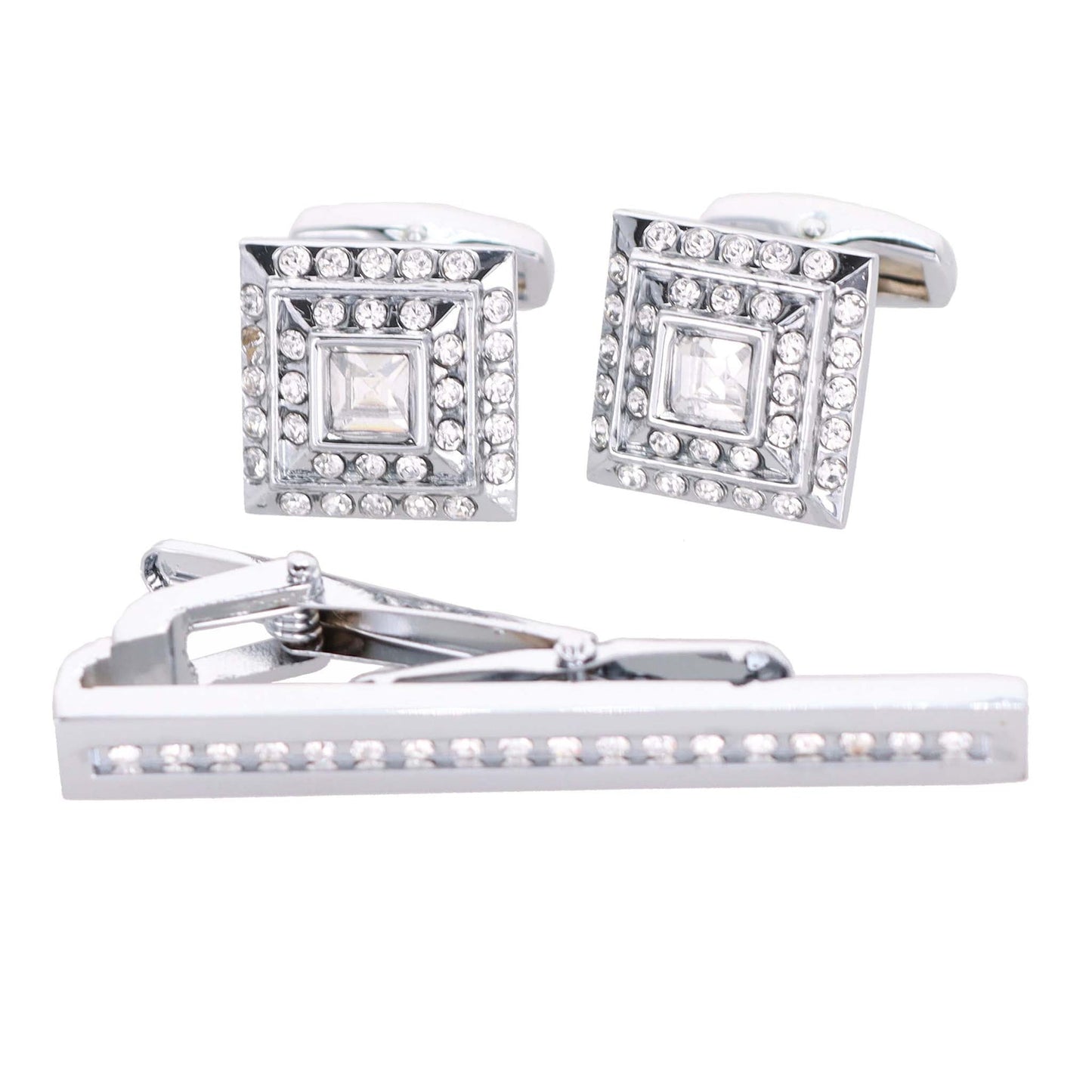 Vittorio Vico Silver Rhinestone Cufflink & Tie Bar Set in Gift Box - Suits You Sir - CR - 051 - 