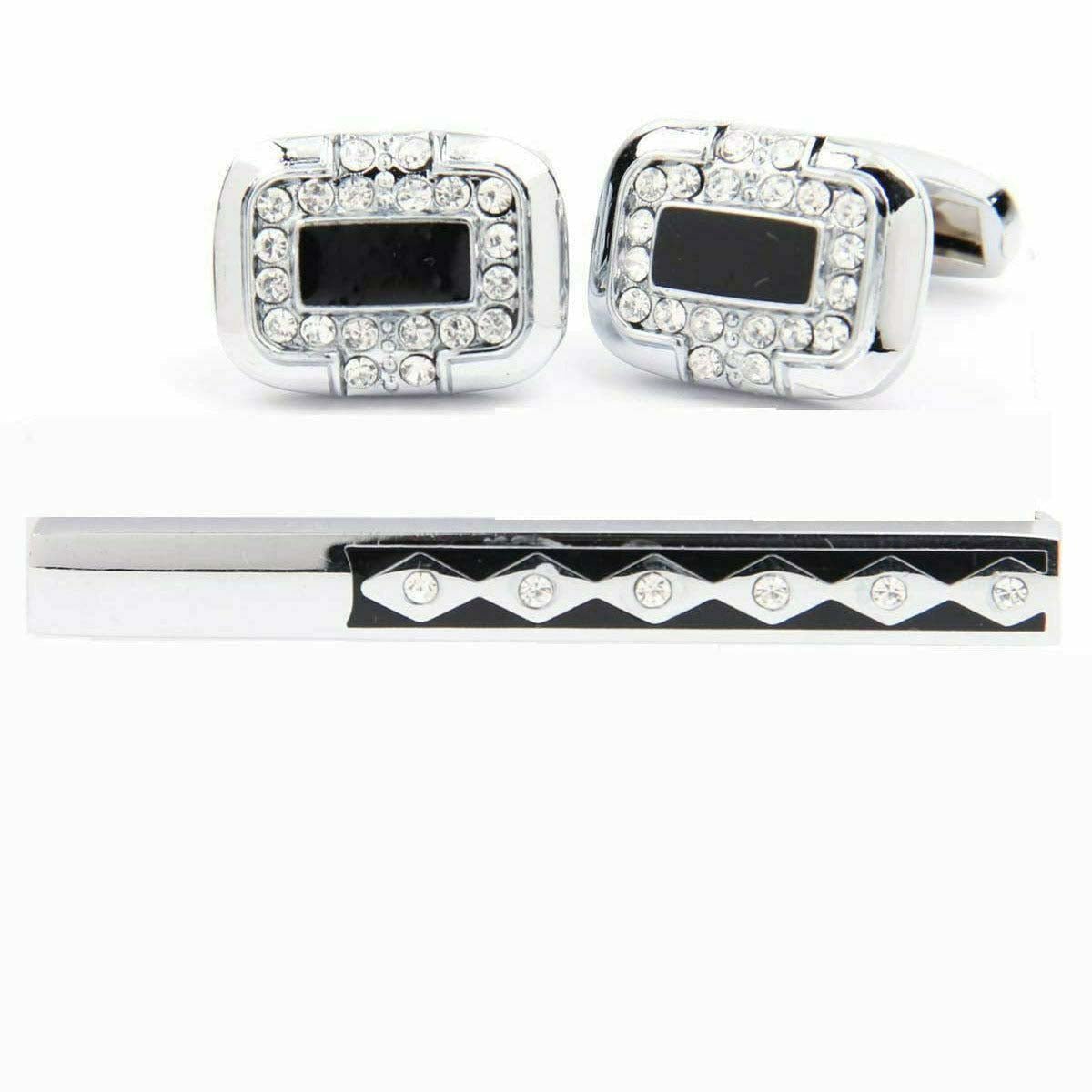 Vittorio Vico Silver Rhinestone Cufflink & Tie Bar Set in Gift Box - Suits You Sir - CR - 054 - 