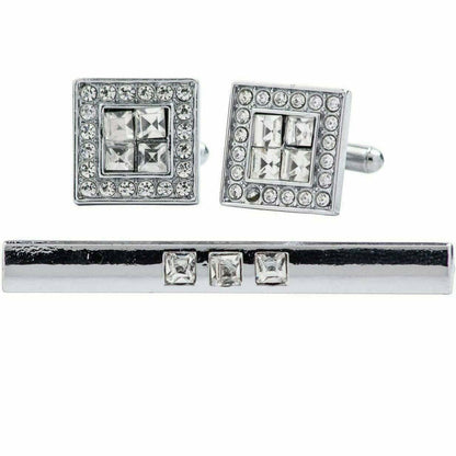 Vittorio Vico Silver Rhinestone Cufflink & Tie Bar Set in Gift Box - Suits You Sir - CR - 061 - 
