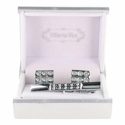 Vittorio Vico Silver Rhinestone Cufflink & Tie Bar Set in Gift Box - Suits You Sir - CR - 061 - 