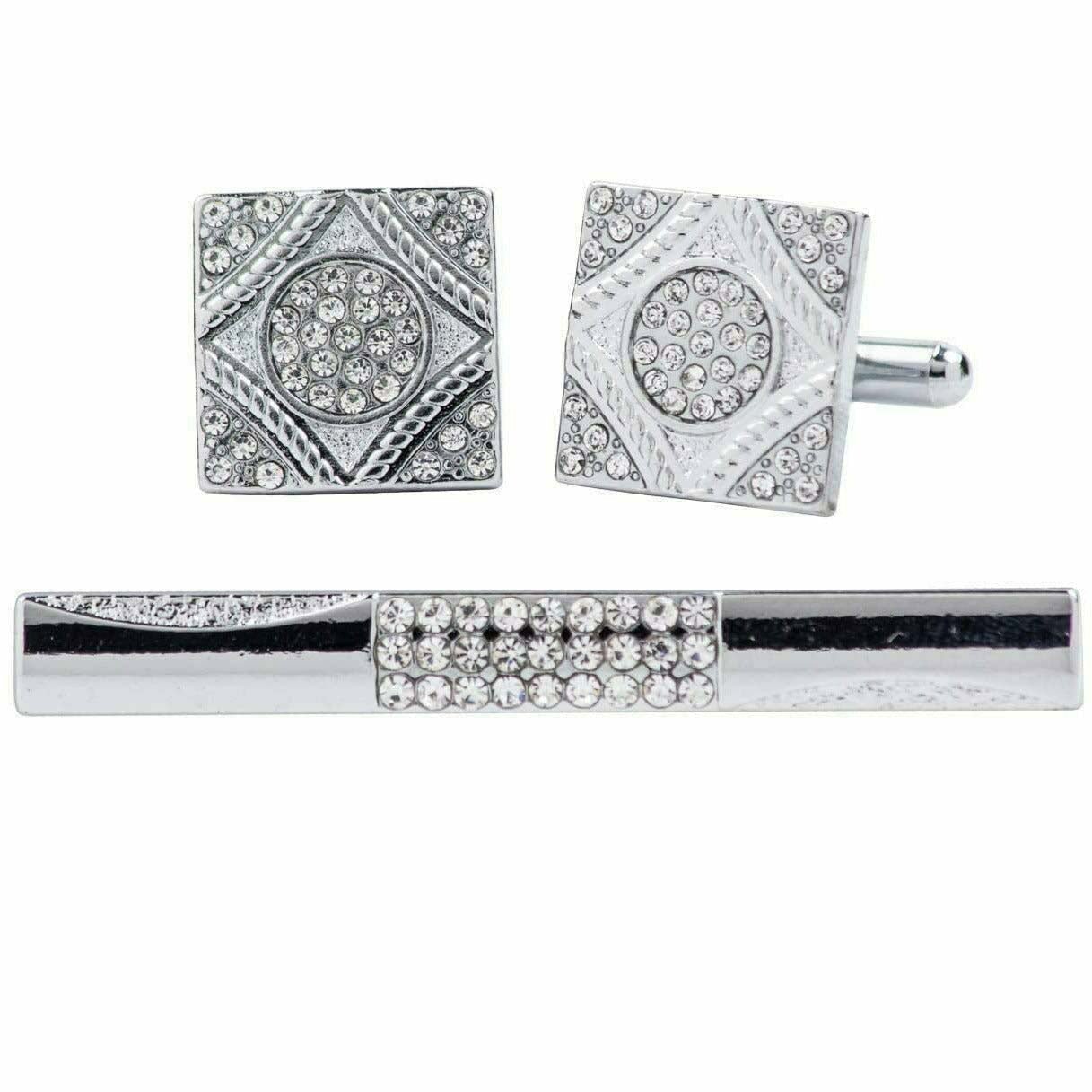 Vittorio Vico Silver Rhinestone Cufflink & Tie Bar Set in Gift Box - Suits You Sir - CR - 063 - 