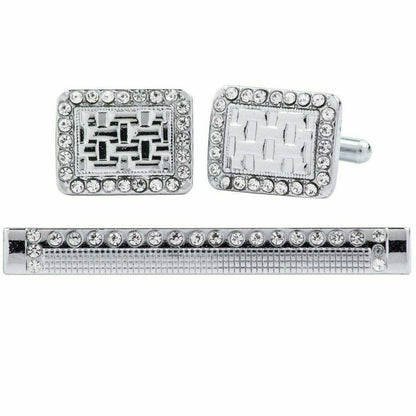Vittorio Vico Silver Rhinestone Cufflink & Tie Bar Set in Gift Box - Suits You Sir - CR - 076 - 