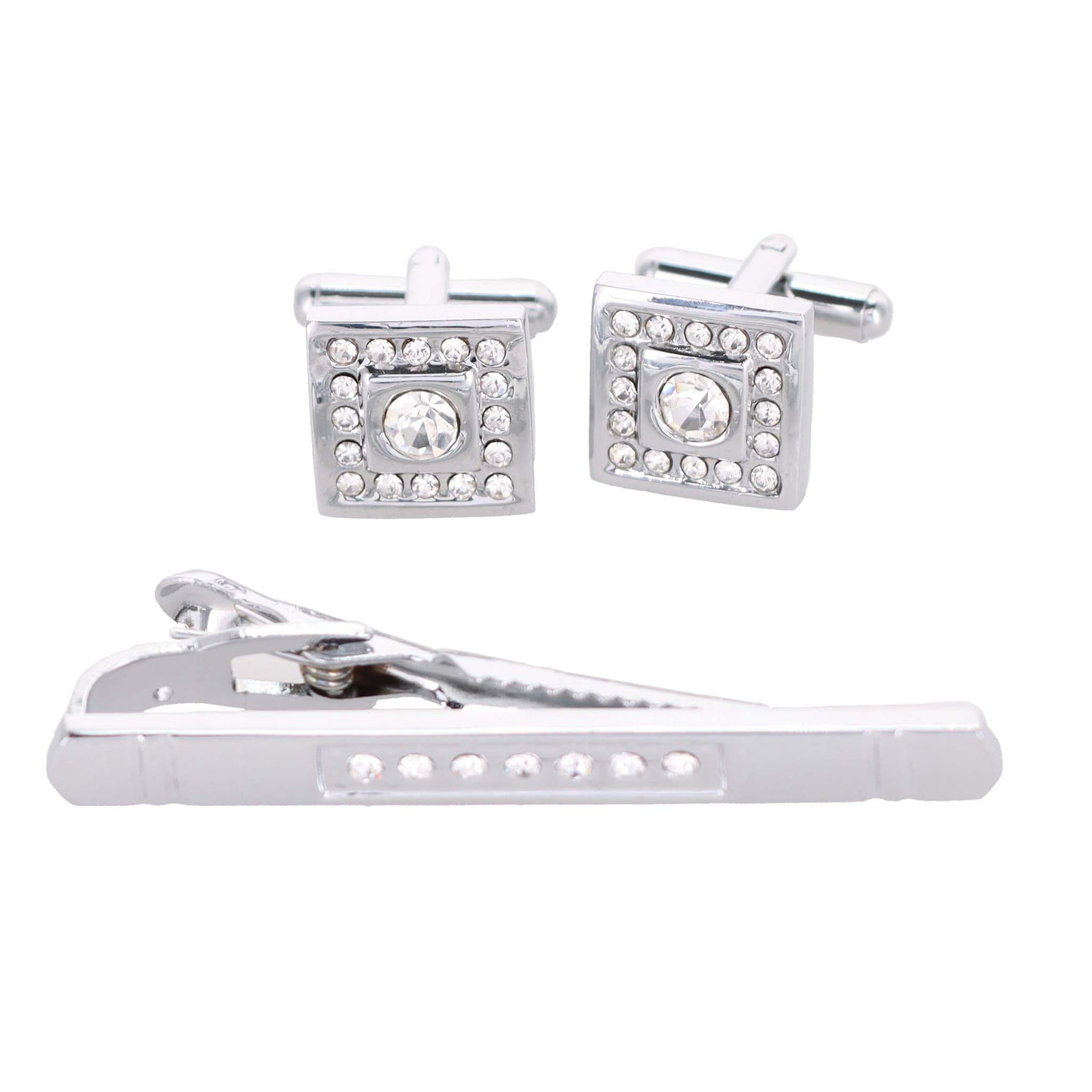 Vittorio Vico Silver Rhinestone Cufflink & Tie Bar Set in Gift Box - Suits You Sir - CR - 091 - 