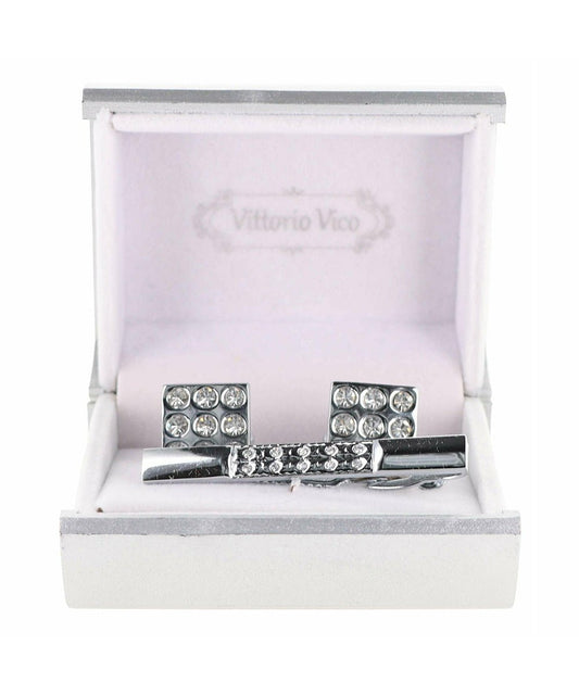 Vittorio Vico Silver Rhinestone Cufflink & Tie Bar Set in Gift Box - Suits You Sir - Silver - 