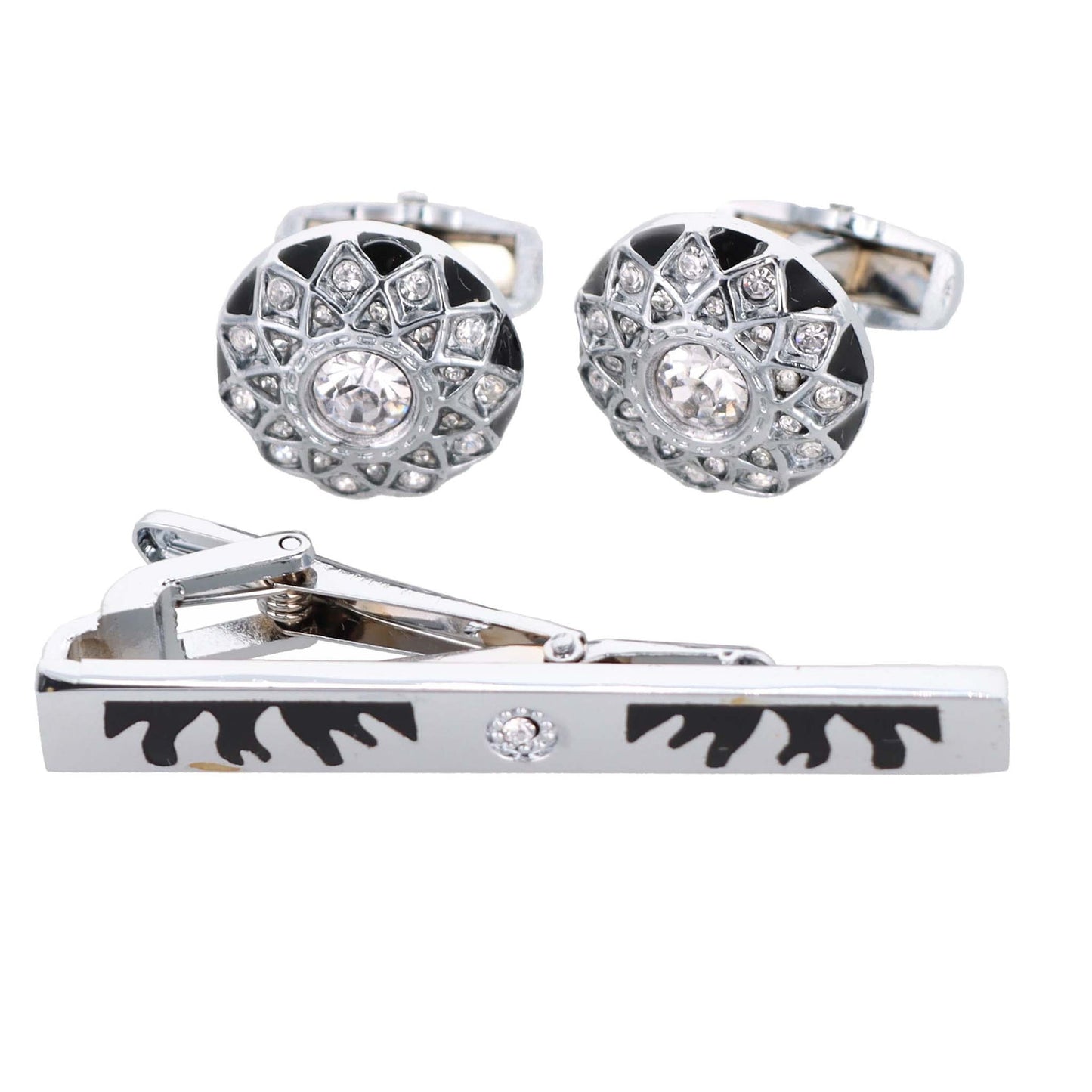 Vittorio Vico Silver Rhinestone Cufflink & Tie Bar Set in Gift Box - Suits You Sir - Silver - 