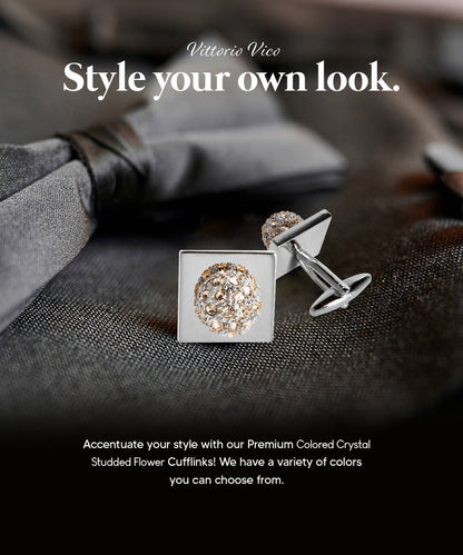 Vittorio Vico Studded Colorstone Crystal Flower Cufflinks: CL12XX Series - Suits You Sir - Beige and Silver - 