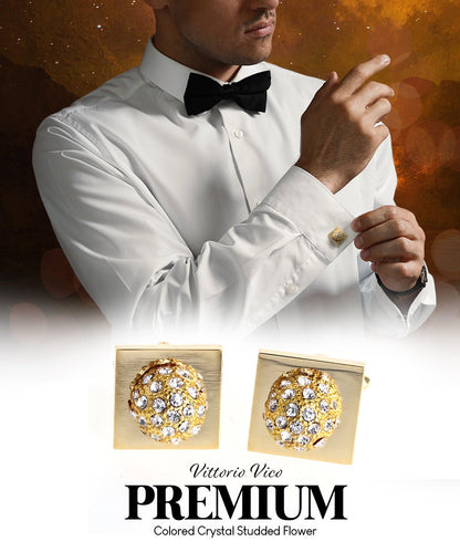 Vittorio Vico Studded Colorstone Crystal Flower Cufflinks: CL12XX Series - Suits You Sir - Clear and Gold - 