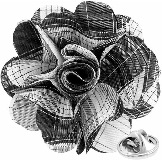 Vittorio Vico Unisex Metallic Silver Accent Plaid Flower Lapel Pin - Suits You Sir - Black - 