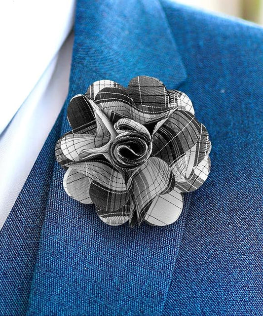 Vittorio Vico Unisex Metallic Silver Accent Plaid Flower Lapel Pin - Suits You Sir - Black - 