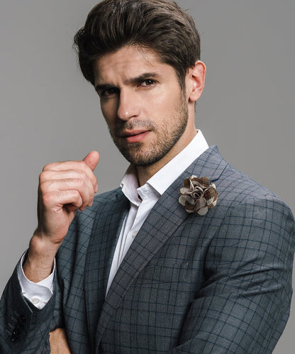 Vittorio Vico Unisex Metallic Silver Accent Plaid Flower Lapel Pin - Suits You Sir - Brown - 