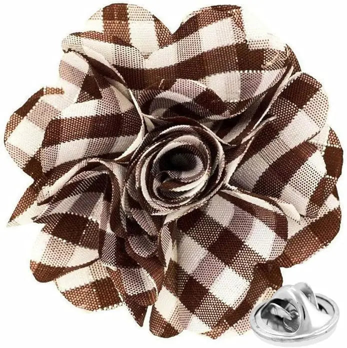 Vittorio Vico Unisex Metallic Silver Accent Plaid Flower Lapel Pin - Suits You Sir - Brown with Silver - 