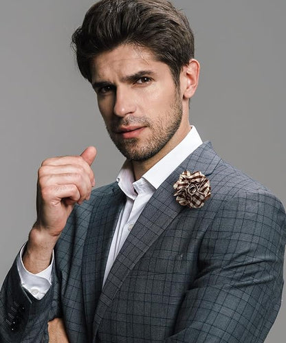 Vittorio Vico Unisex Metallic Silver Accent Plaid Flower Lapel Pin - Suits You Sir - Brown with Silver - 