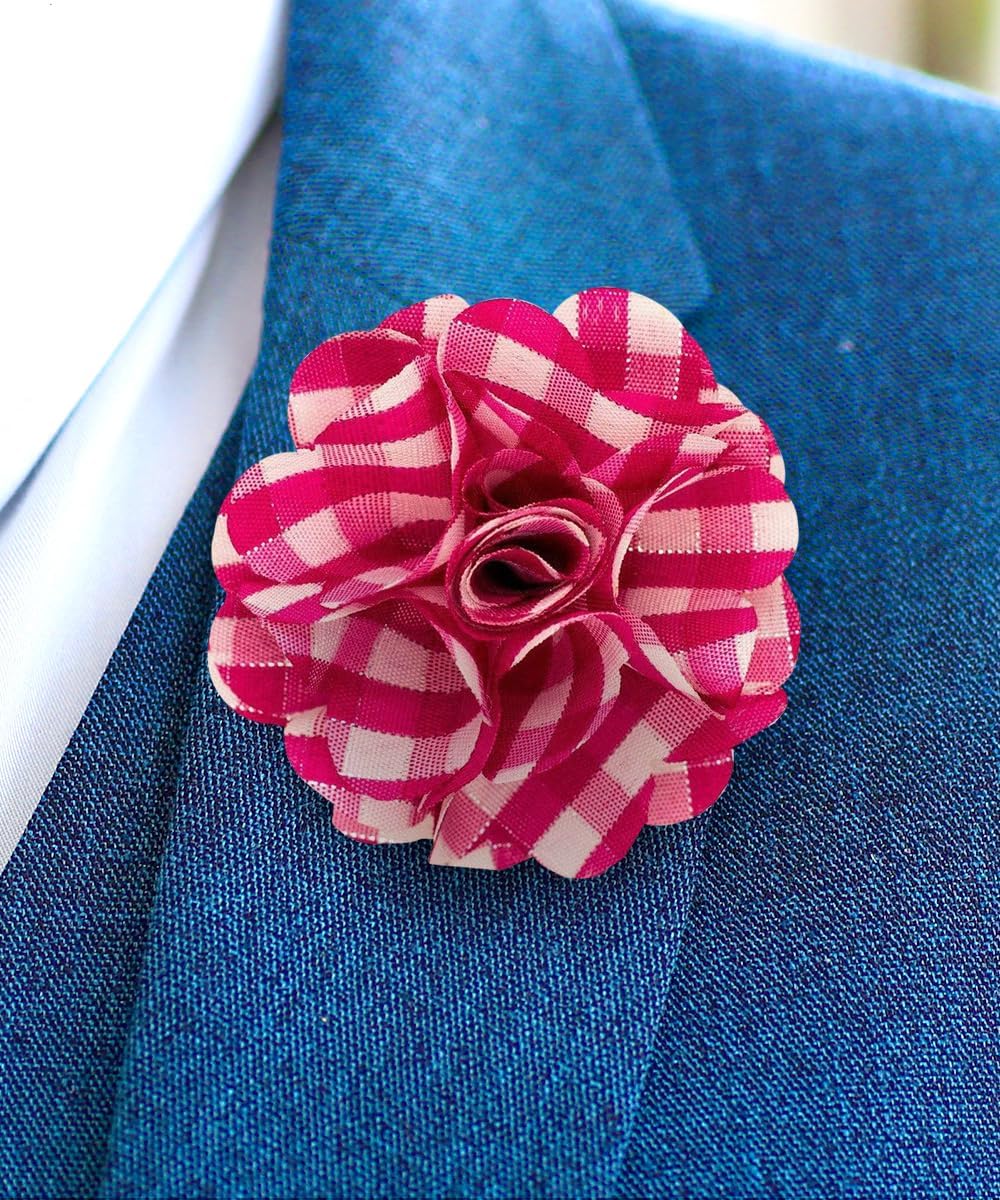 Vittorio Vico Unisex Metallic Silver Accent Plaid Flower Lapel Pin - Suits You Sir - Hot Pink with Silver - 