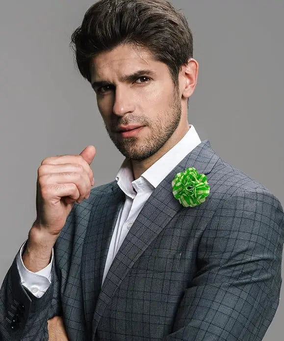 Vittorio Vico Unisex Metallic Silver Accent Plaid Flower Lapel Pin - Suits You Sir - Lime Green with Silver - 