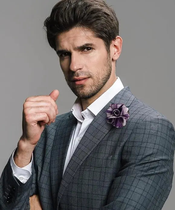 Vittorio Vico Unisex Metallic Silver Accent Plaid Flower Lapel Pin - Suits You Sir - Purple - 