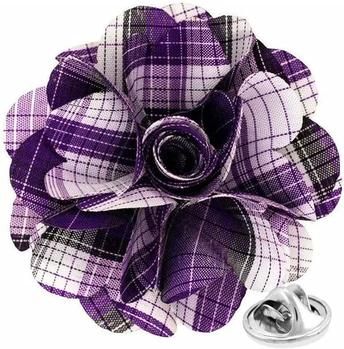Vittorio Vico Unisex Metallic Silver Accent Plaid Flower Lapel Pin - Suits You Sir - Purple - 