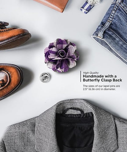 Vittorio Vico Unisex Metallic Silver Accent Plaid Flower Lapel Pin - Suits You Sir - Purple - 