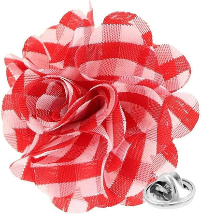 Vittorio Vico Unisex Metallic Silver Accent Plaid Flower Lapel Pin - Suits You Sir - Red and White with Silver - 