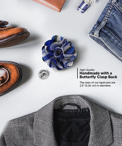 Vittorio Vico Unisex Metallic Silver Accent Plaid Flower Lapel Pin - Suits You Sir - Royal Blue - 