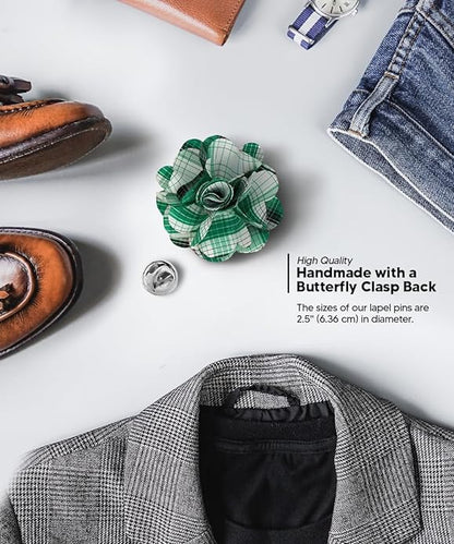 Vittorio Vico Unisex Metallic Silver Accent Plaid Flower Lapel Pin - Suits You Sir - Teal Green - 