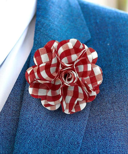 Vittorio Vico Unisex Metallic Silver Accent Plaid Flower Lapel Pin - Suits You Sir - Wine and White with Silver - 