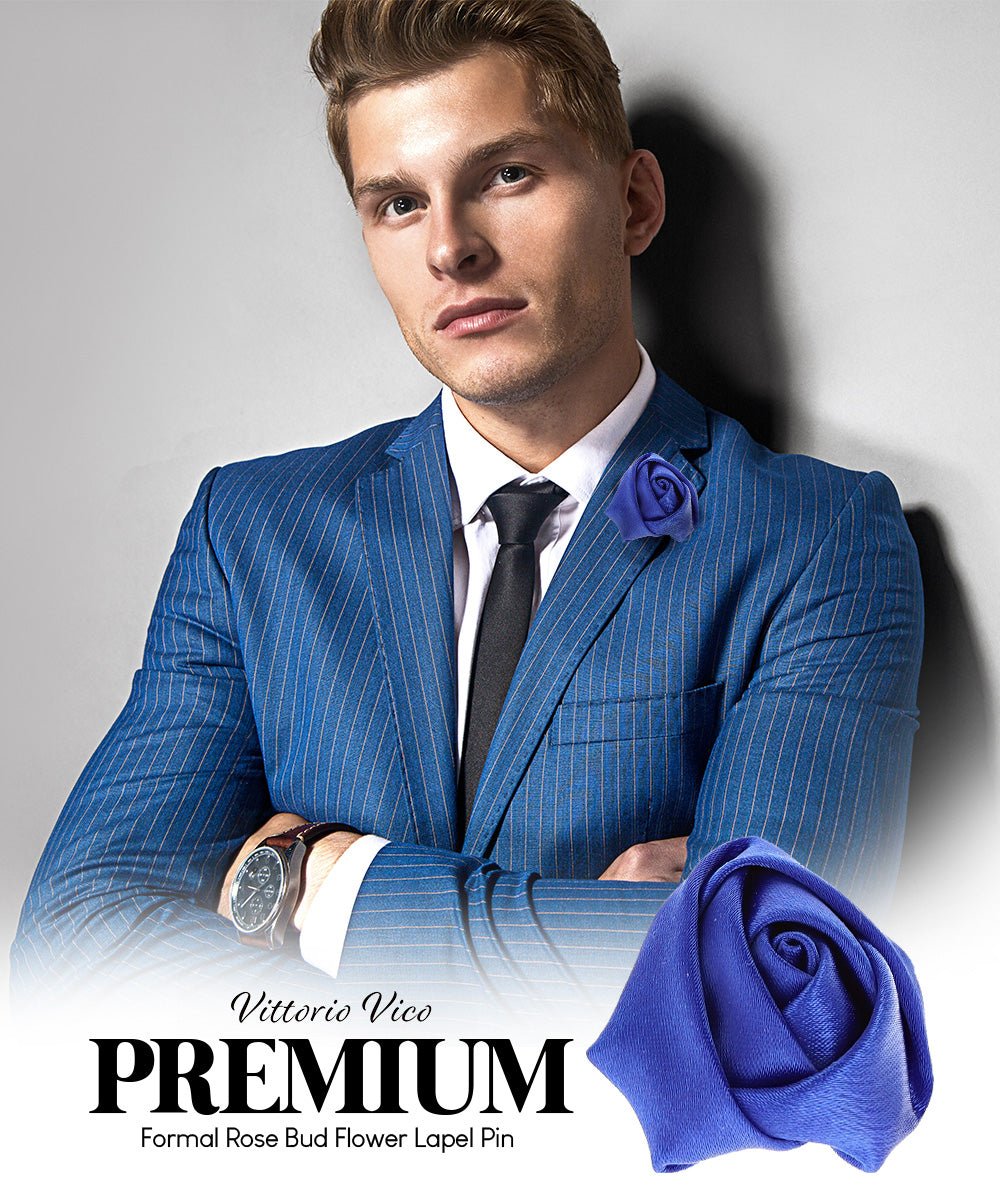 Vittorio Vico Unisex Satin Rose Bud Flower Lapel Pin - Suits You Sir - Royal Blue - 