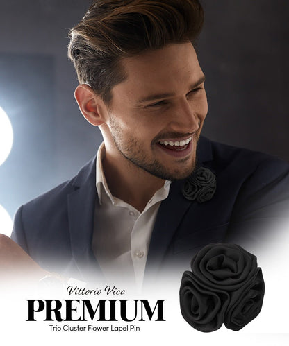 Vittorio Vico Unisex Trio Cluster Satin Flower Lapel Pin - Suits You Sir - Black - 